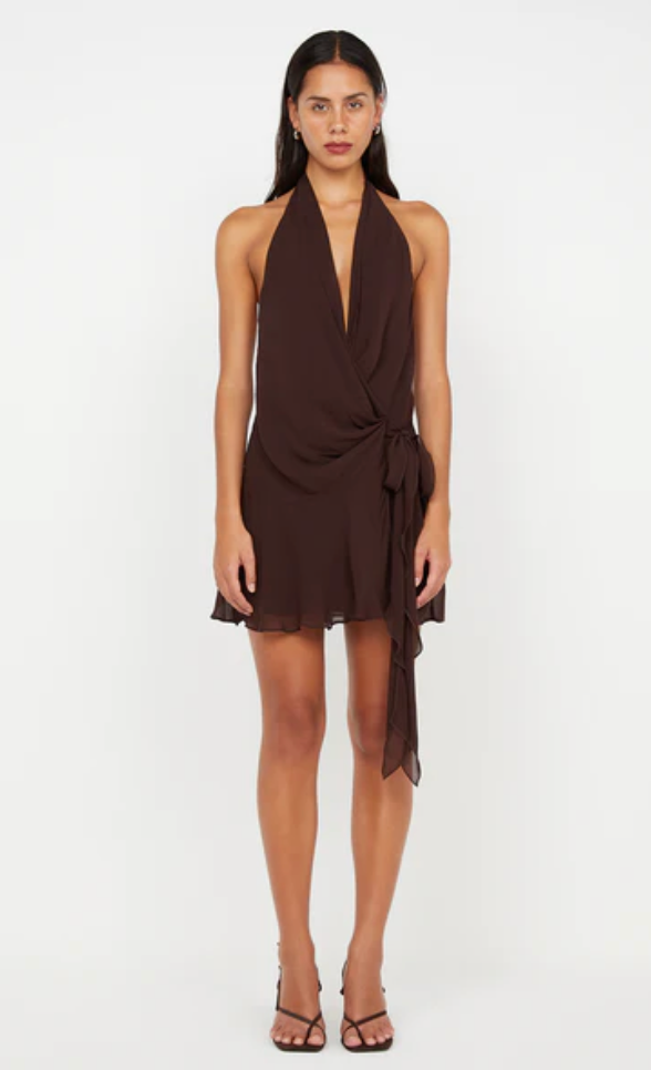 celyse mini dress Runaway The Label Celyse V-neck Halter Mini Dress in Chocolate