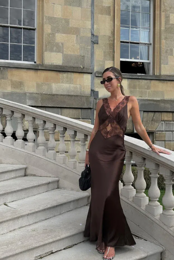aries cut out dress SIR the Label Aries Cut Out Gown Chocolate A Chocolate cut out maxi dress featuring contrast floral lace cut-out detail through front to accentuate the waist. Bias cut silk satin softly skims